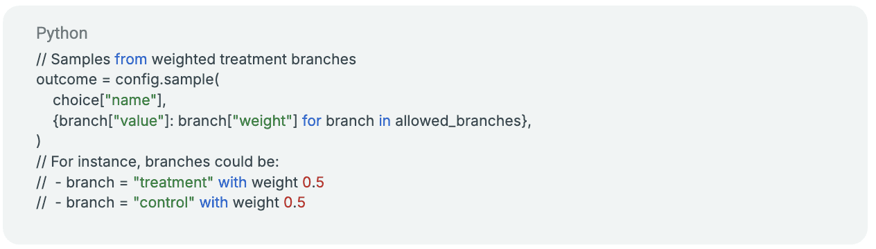 Python code snippet showing randomized branch sampling for A/B testing